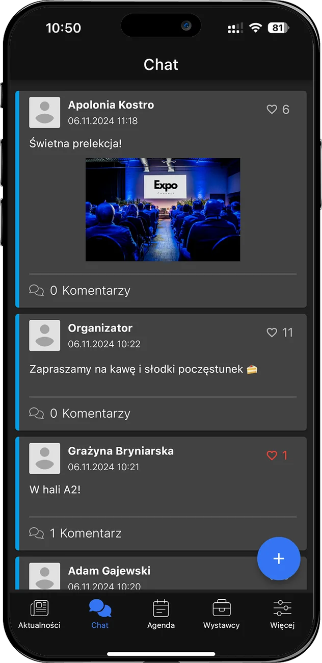 Event chat in the Expo Connect app with entries, likes and comments