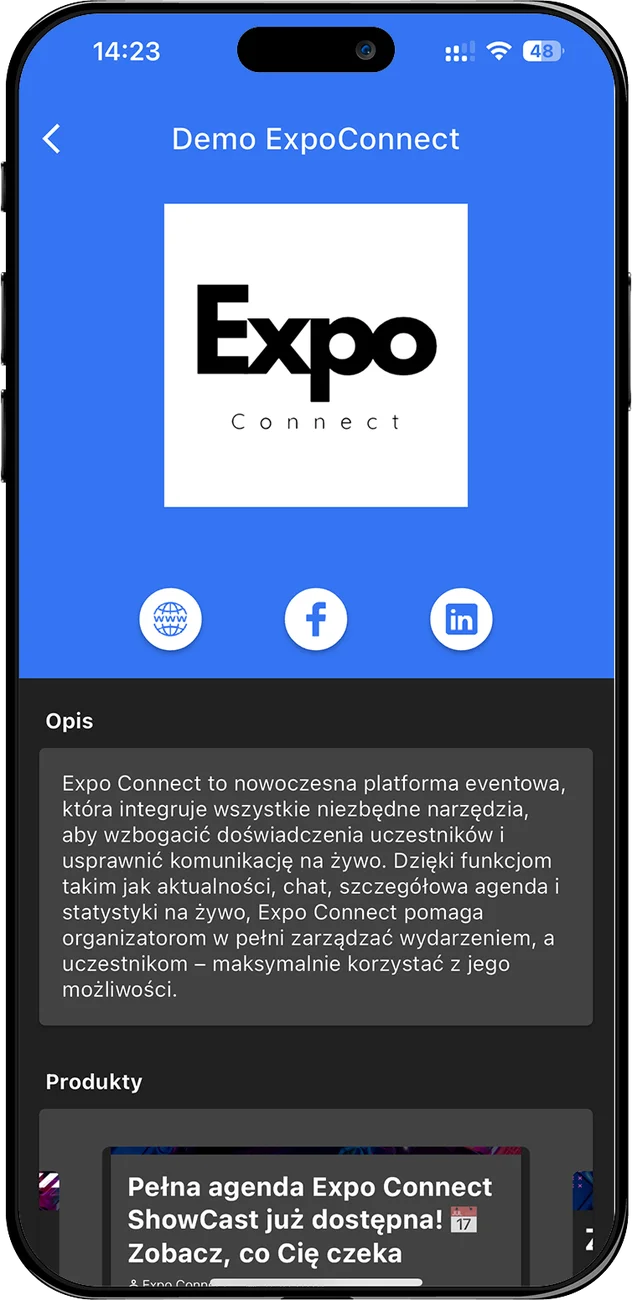 Exhibitor profile in the Expo Connect app with company description and social media