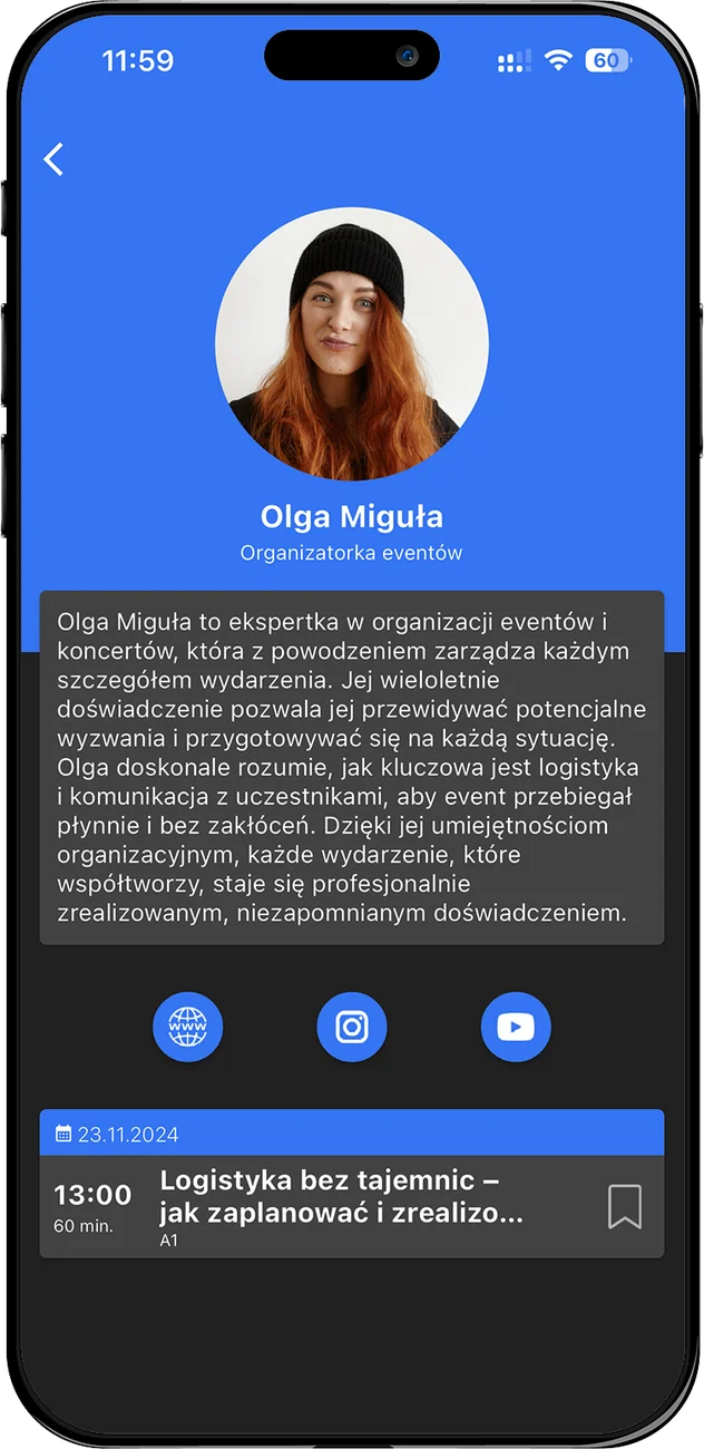 Speaker profile in the Expo Connect app with description and related talks