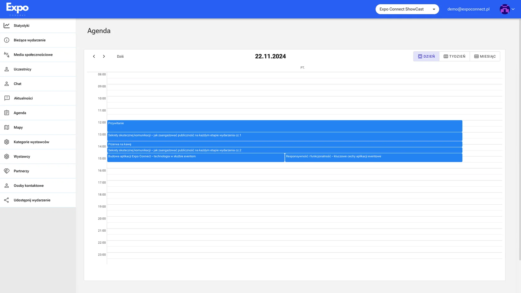 Event agenda in the Expo Connect organizer panel in the calendar view