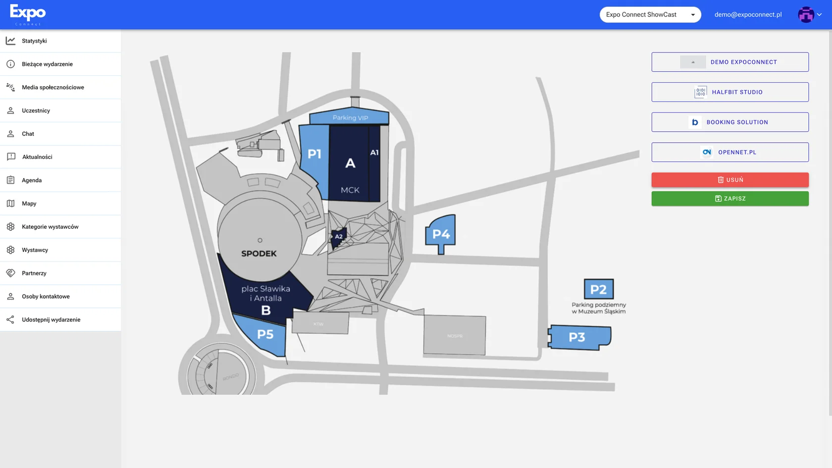 Map editor in the Expo Connect organizer panel with a list of exhibitor stands
