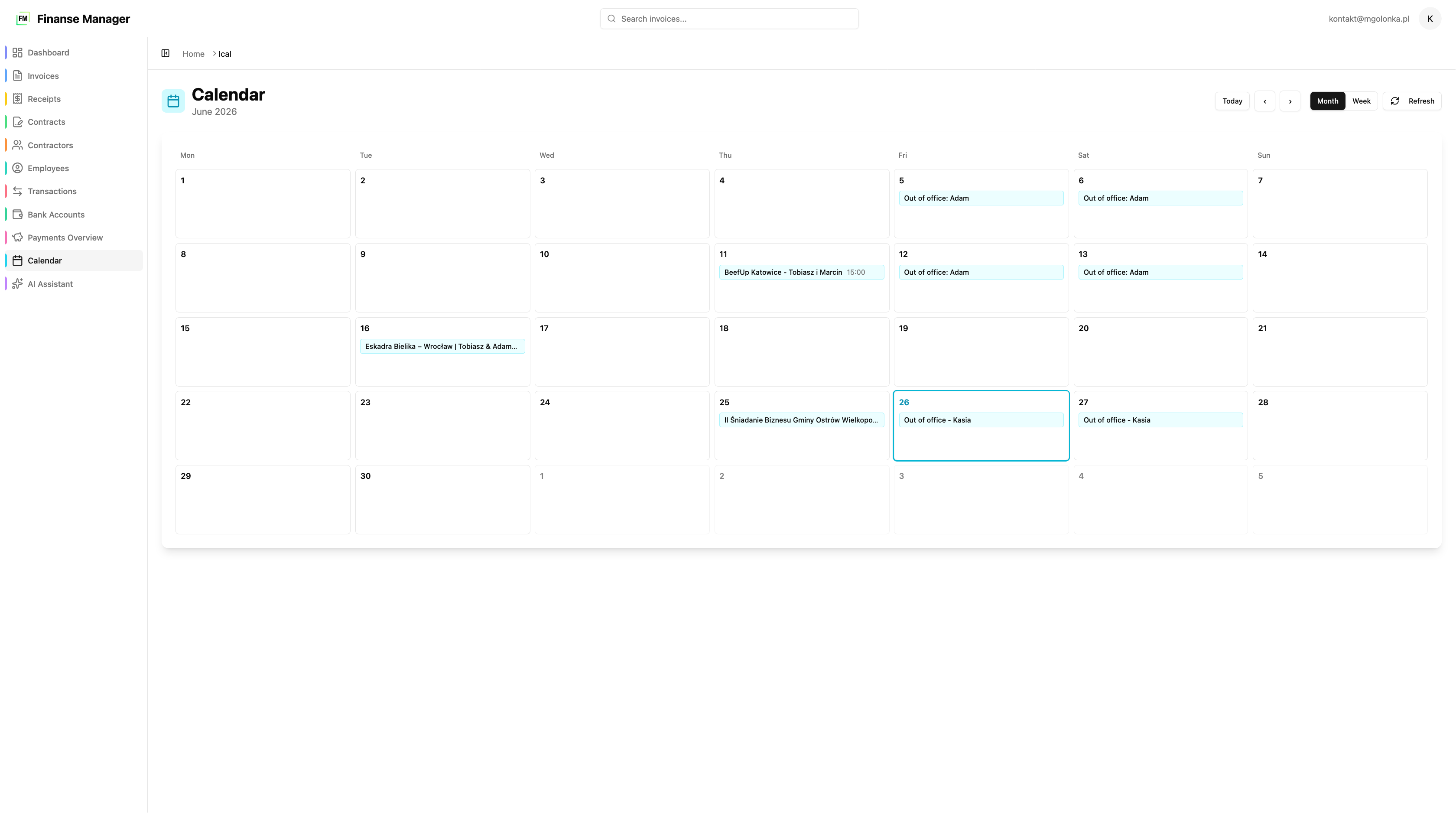 Kalendarz z terminami płatności i wydarzeniami firmowymi, integracja iCal i Google Calendar