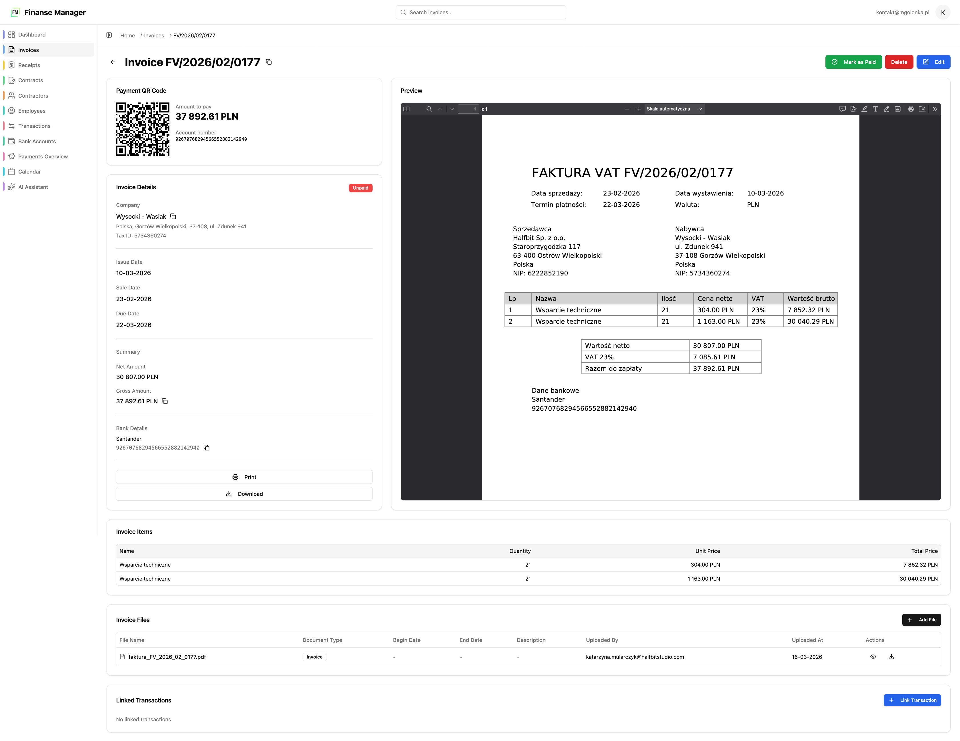 Szczegóły faktury z podglądem PDF, kodem QR do przelewu i powiązanymi transakcjami